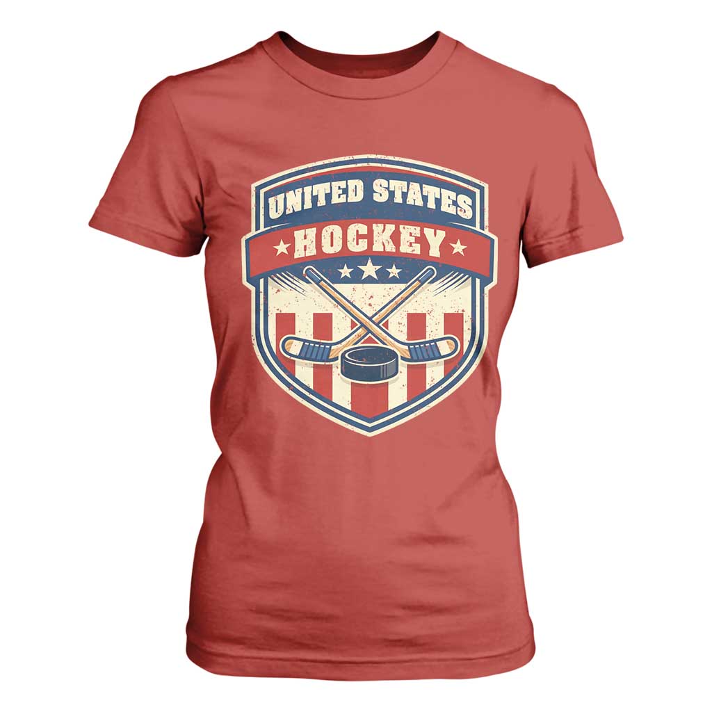 Hockey Crossed Sticks And Puck Retro USA Shield Flag T Shirt For Women Red White Blue Striped Patriotic Sports Fan Pride Graphic TS02 Red Print Your Wear