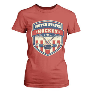 Hockey Crossed Sticks And Puck Retro USA Shield Flag T Shirt For Women Red White Blue Striped Patriotic Sports Fan Pride Graphic TS02 Red Print Your Wear