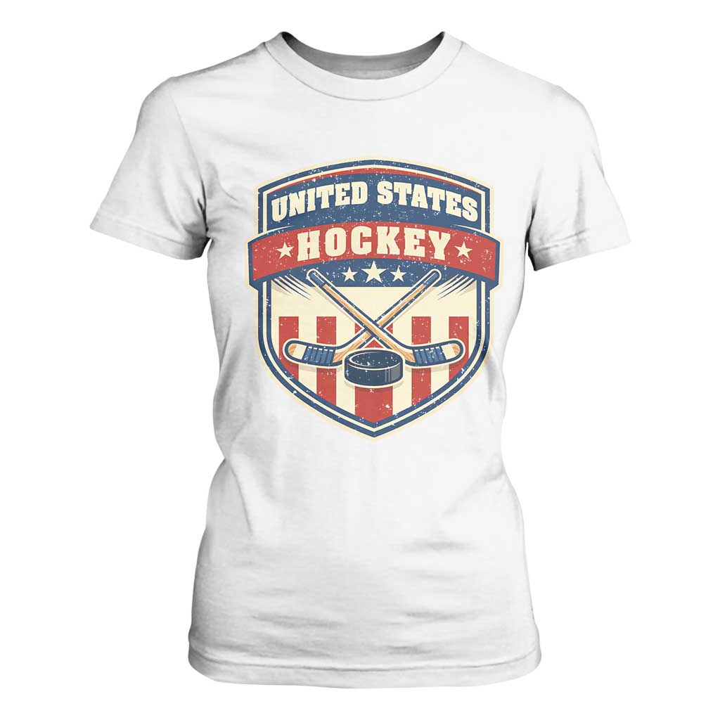Hockey Crossed Sticks And Puck Retro USA Shield Flag T Shirt For Women Red White Blue Striped Patriotic Sports Fan Pride Graphic TS02 White Print Your Wear