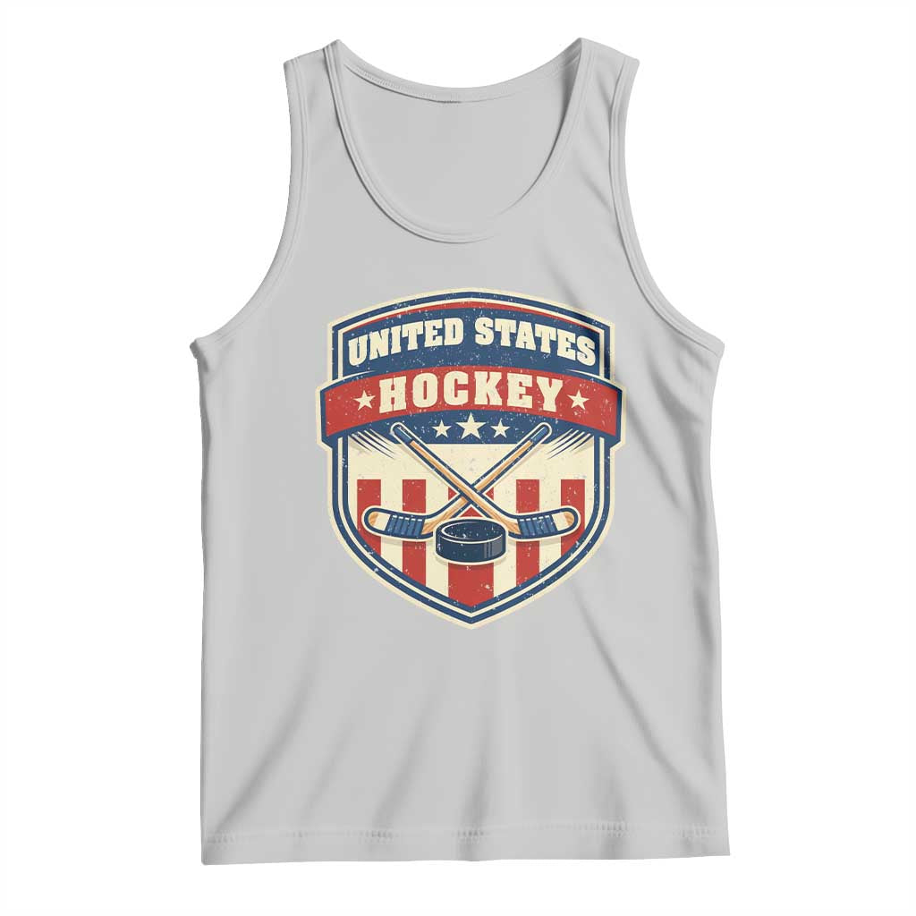 Hockey Crossed Sticks And Puck Retro USA Shield Flag Tank Top Red White Blue Striped Patriotic Sports Fan Pride Graphic TS02 Ash Print Your Wear
