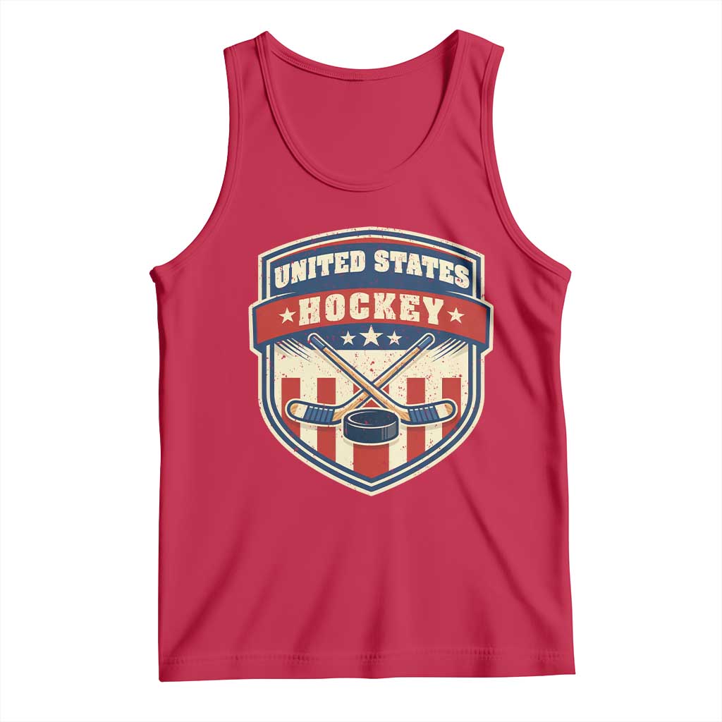 Hockey Crossed Sticks And Puck Retro USA Shield Flag Tank Top Red White Blue Striped Patriotic Sports Fan Pride Graphic TS02 Red Print Your Wear