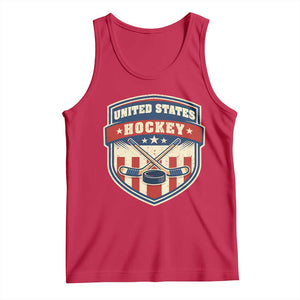 Hockey Crossed Sticks And Puck Retro USA Shield Flag Tank Top Red White Blue Striped Patriotic Sports Fan Pride Graphic TS02 Red Print Your Wear