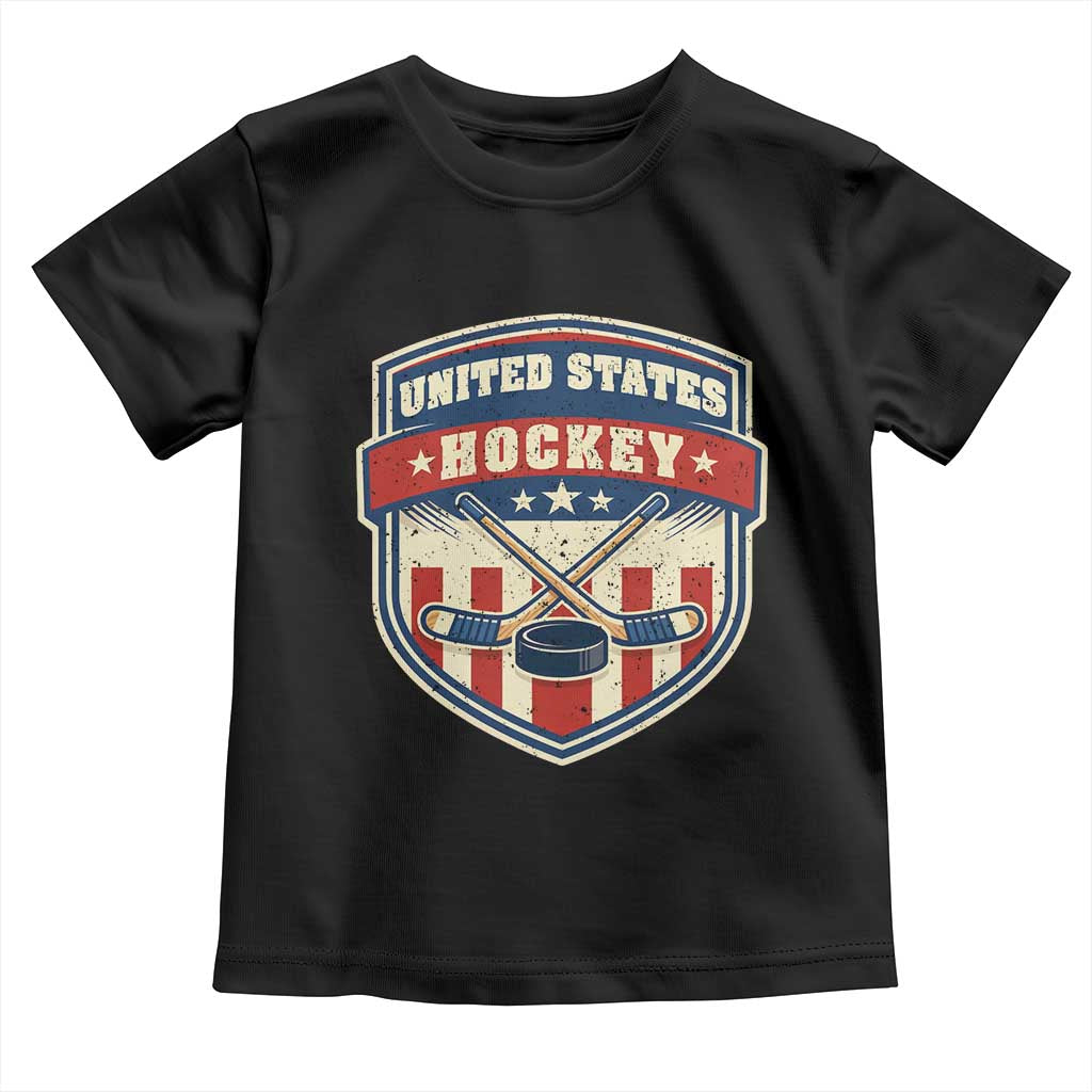 Hockey Crossed Sticks And Puck Retro USA Shield Flag Toddler T Shirt Red White Blue Striped Patriotic Sports Fan Pride Graphic TS02 Black Print Your Wear