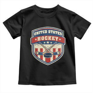 Hockey Crossed Sticks And Puck Retro USA Shield Flag Toddler T Shirt Red White Blue Striped Patriotic Sports Fan Pride Graphic TS02 Black Print Your Wear