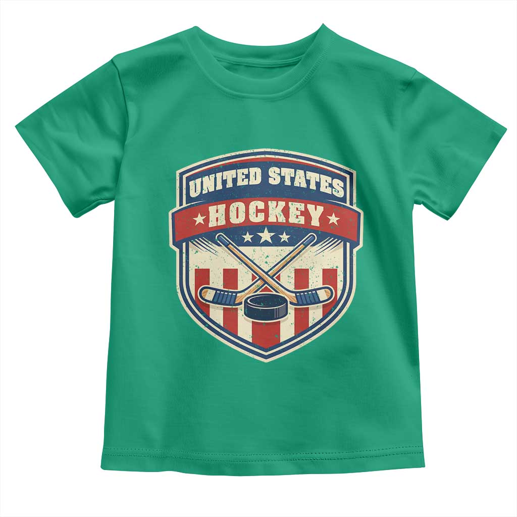 Hockey Crossed Sticks And Puck Retro USA Shield Flag Toddler T Shirt Red White Blue Striped Patriotic Sports Fan Pride Graphic TS02 Irish Green Print Your Wear
