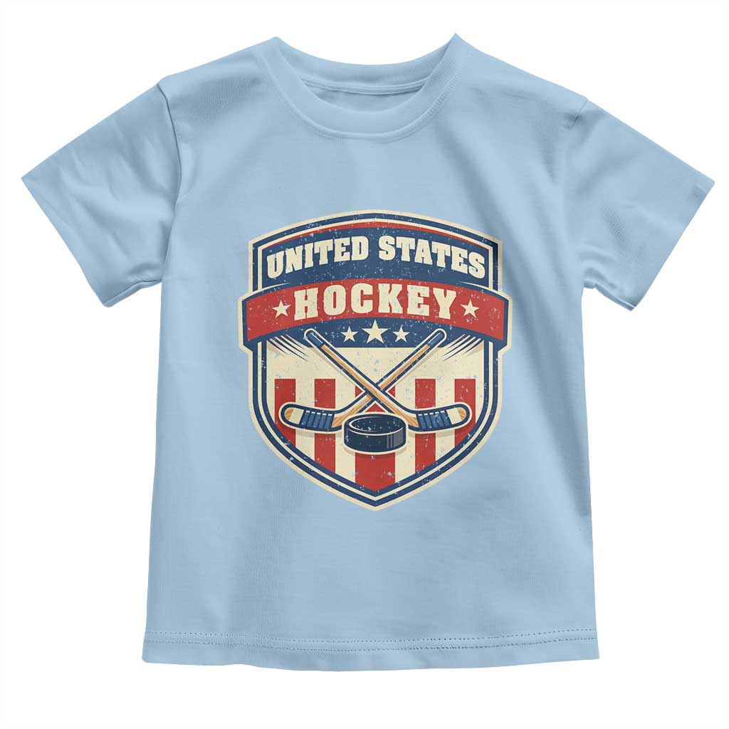Hockey Crossed Sticks And Puck Retro USA Shield Flag Toddler T Shirt Red White Blue Striped Patriotic Sports Fan Pride Graphic TS02 Light Blue Print Your Wear