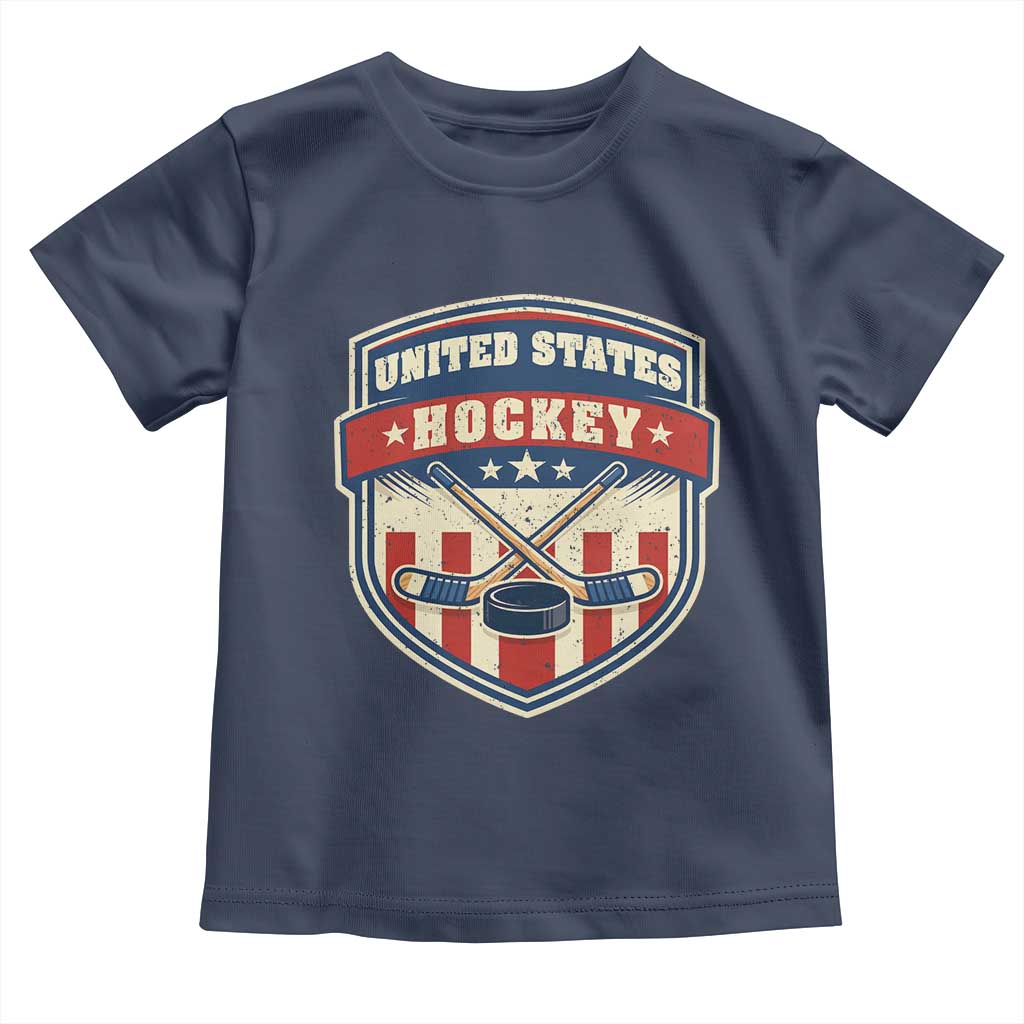 Hockey Crossed Sticks And Puck Retro USA Shield Flag Toddler T Shirt Red White Blue Striped Patriotic Sports Fan Pride Graphic TS02 Navy Print Your Wear