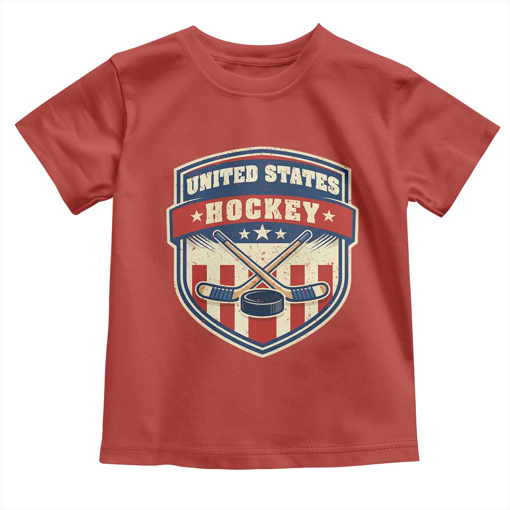 Hockey Crossed Sticks And Puck Retro USA Shield Flag Toddler T Shirt Red White Blue Striped Patriotic Sports Fan Pride Graphic TS02 Red Print Your Wear
