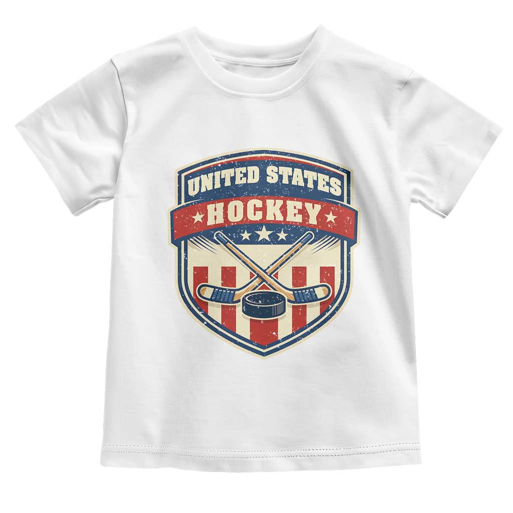 Hockey Crossed Sticks And Puck Retro USA Shield Flag Toddler T Shirt Red White Blue Striped Patriotic Sports Fan Pride Graphic TS02 White Print Your Wear