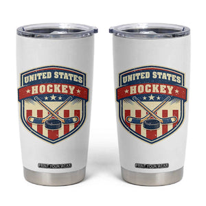 Hockey Crossed Sticks And Puck Retro USA Shield Flag Tumbler Cup Red White Blue Striped Patriotic Sports Fan Pride Graphic TS02 White Print Your Wear