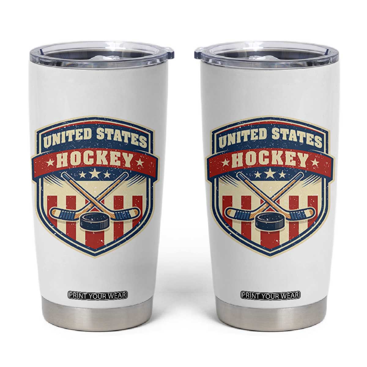 Hockey Crossed Sticks And Puck Retro USA Shield Flag Tumbler Cup Red White Blue Striped Patriotic Sports Fan Pride Graphic TS02 White Print Your Wear