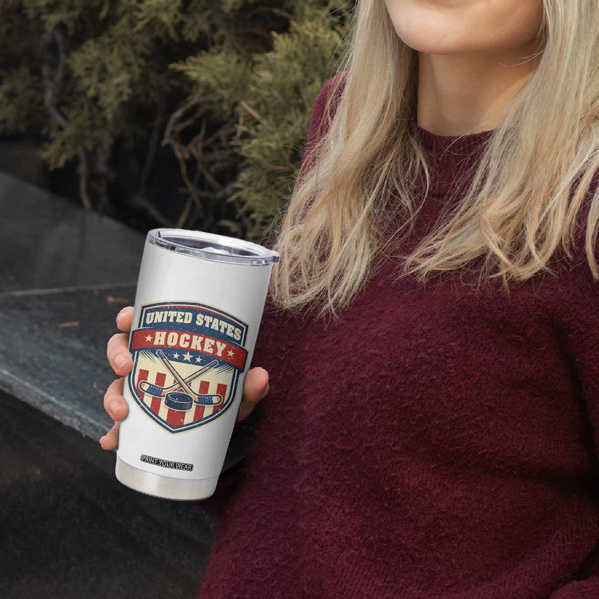 Hockey Crossed Sticks And Puck Retro USA Shield Flag Tumbler Cup Red White Blue Striped Patriotic Sports Fan Pride Graphic TS02 Print Your Wear