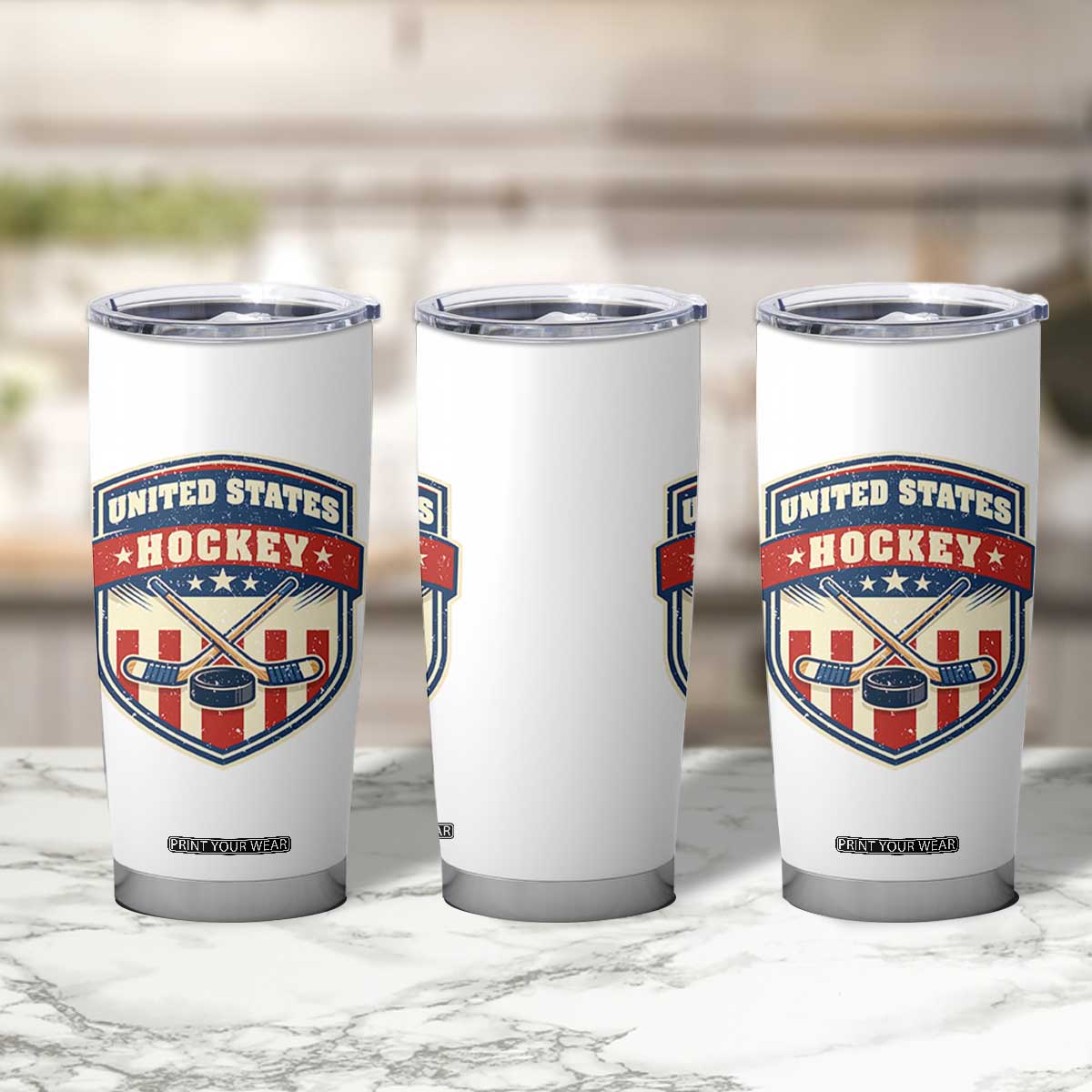 Hockey Crossed Sticks And Puck Retro USA Shield Flag Tumbler Cup Red White Blue Striped Patriotic Sports Fan Pride Graphic TS02 Print Your Wear