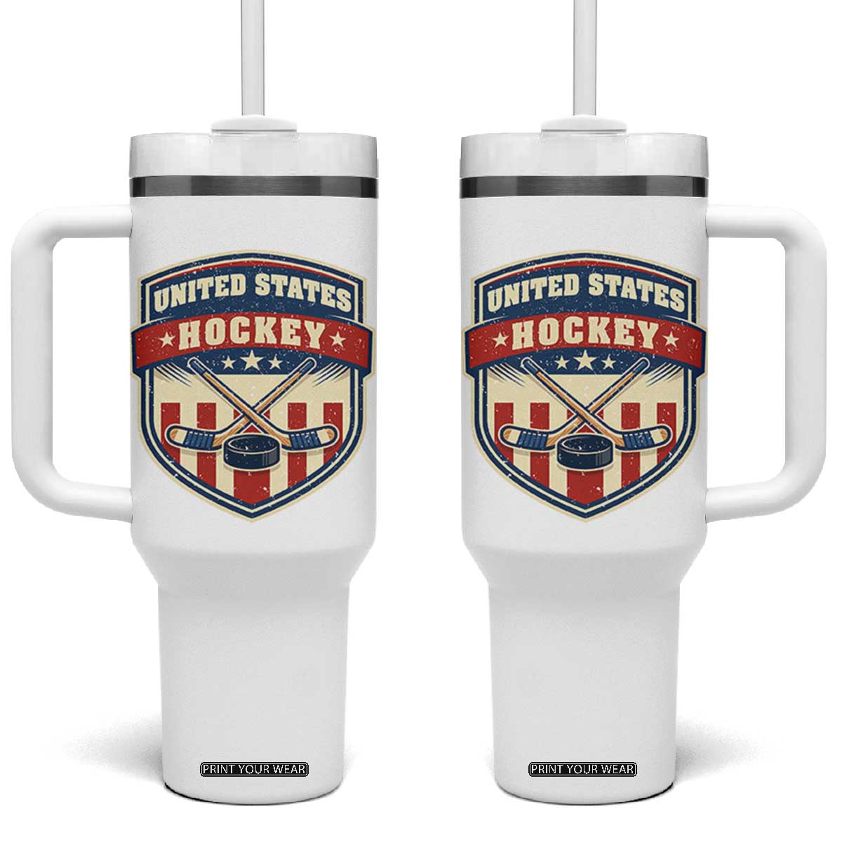Hockey Crossed Sticks And Puck Retro USA Shield Flag Tumbler With Handle Red White Blue Striped Patriotic Sports Fan Pride Graphic TS02 One Size: 40 oz White Print Your Wear