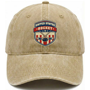 Hockey Crossed Sticks And Puck Retro USA Shield Flag Washed Cotton Baseball Cap Red White Blue Striped Patriotic Sports Fan Pride Graphic TS02 Print Your Wear