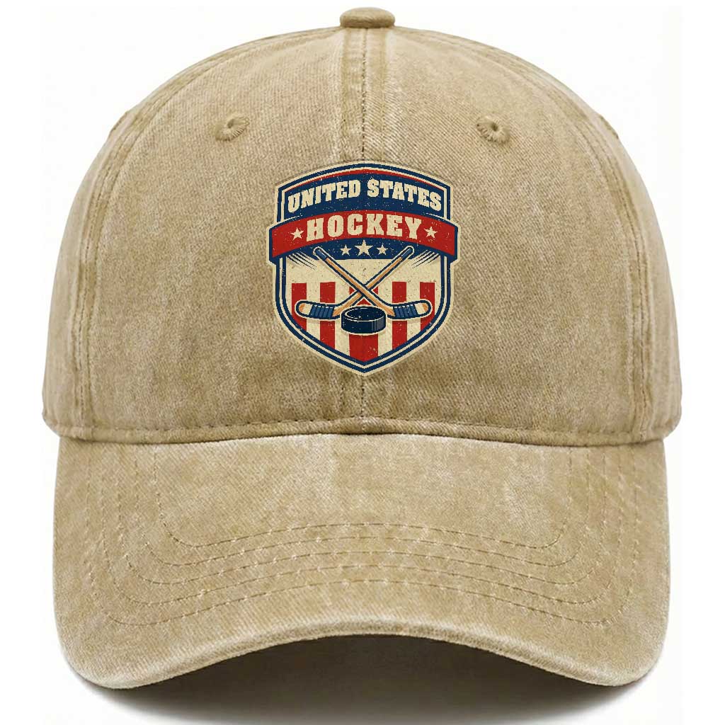 Hockey Crossed Sticks And Puck Retro USA Shield Flag Washed Cotton Baseball Cap Red White Blue Striped Patriotic Sports Fan Pride Graphic TS02 Print Your Wear