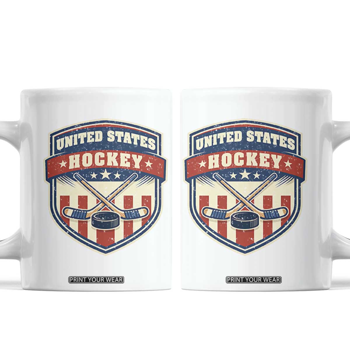 Hockey Crossed Sticks And Puck Retro USA Shield Flag Coffee Mug Red White Blue Striped Patriotic Sports Fan Pride Graphic TS02 White Print Your Wear