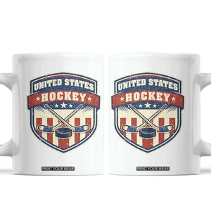 Hockey Crossed Sticks And Puck Retro USA Shield Flag Coffee Mug Red White Blue Striped Patriotic Sports Fan Pride Graphic TS02 White Print Your Wear