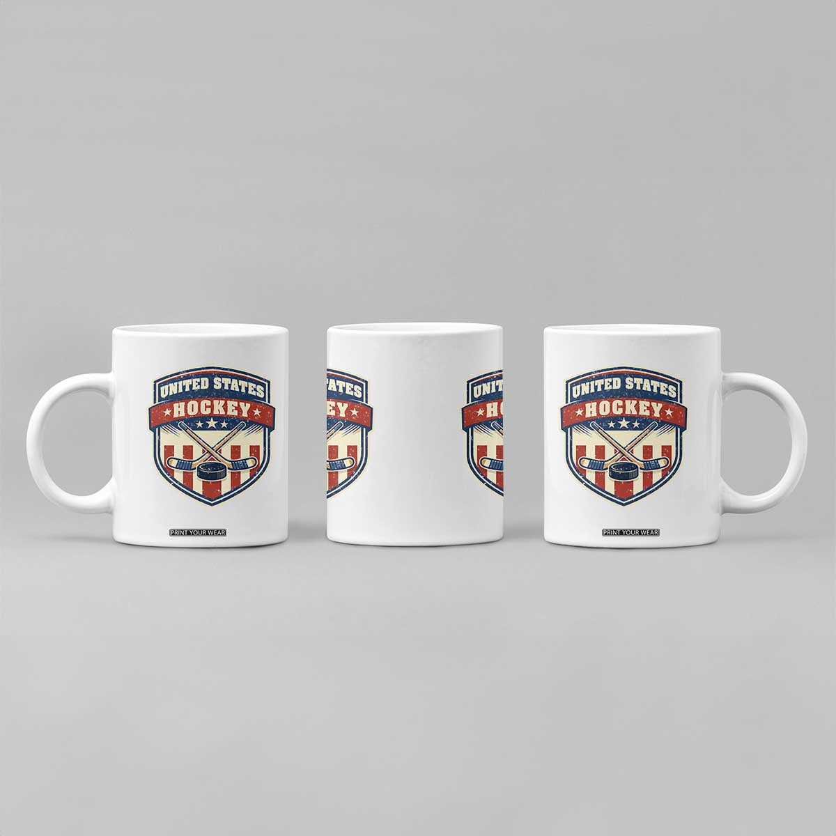 Hockey Crossed Sticks And Puck Retro USA Shield Flag Coffee Mug Red White Blue Striped Patriotic Sports Fan Pride Graphic TS02 Print Your Wear