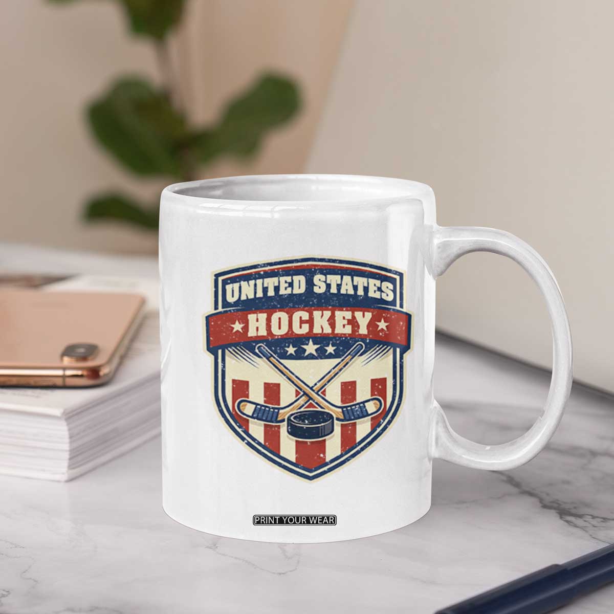 Hockey Crossed Sticks And Puck Retro USA Shield Flag Coffee Mug Red White Blue Striped Patriotic Sports Fan Pride Graphic TS02 Print Your Wear