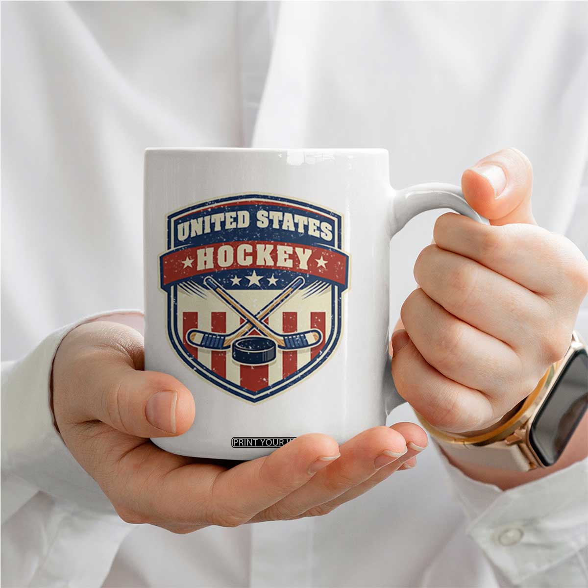Hockey Crossed Sticks And Puck Retro USA Shield Flag Coffee Mug Red White Blue Striped Patriotic Sports Fan Pride Graphic TS02 Print Your Wear