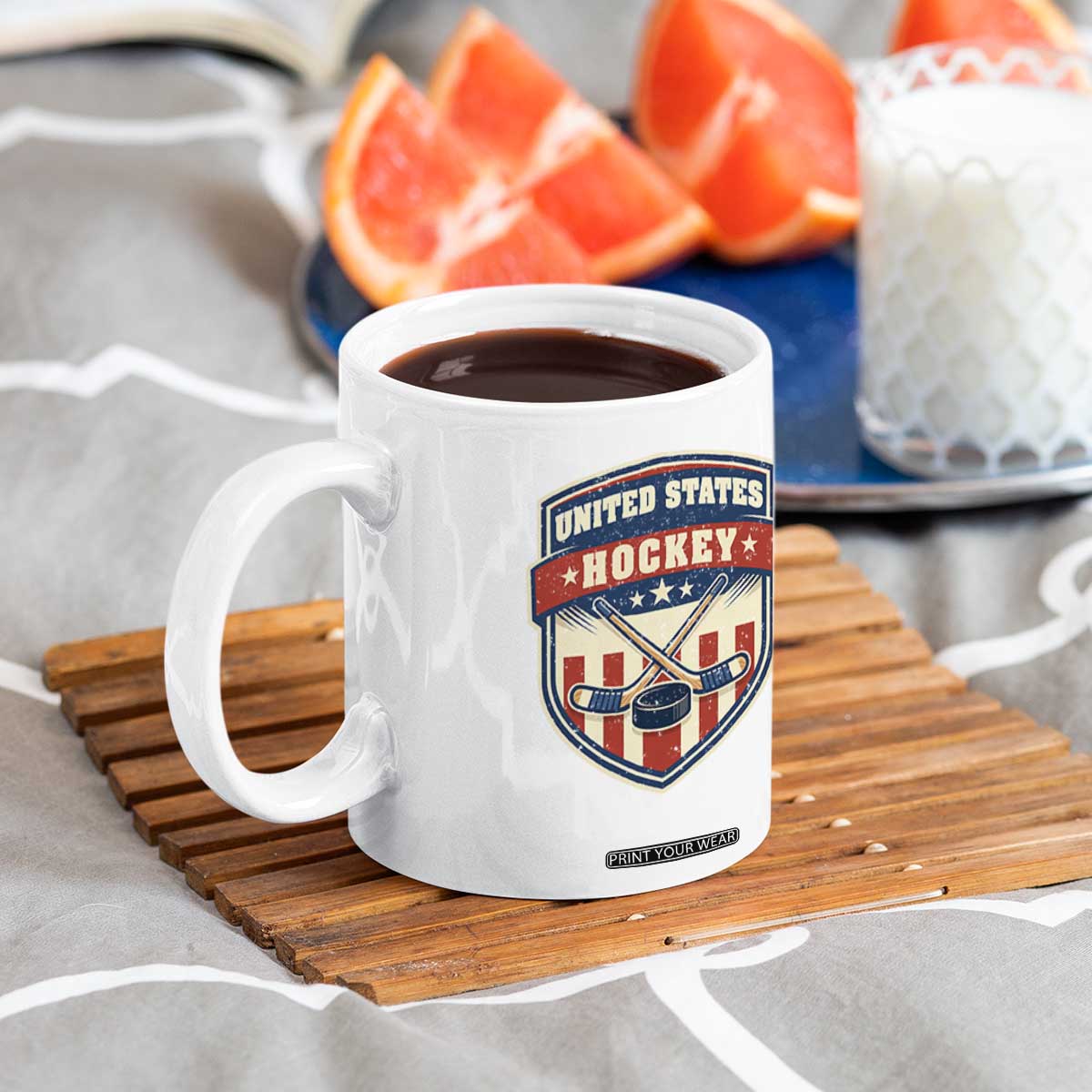 Hockey Crossed Sticks And Puck Retro USA Shield Flag Coffee Mug Red White Blue Striped Patriotic Sports Fan Pride Graphic TS02 Print Your Wear