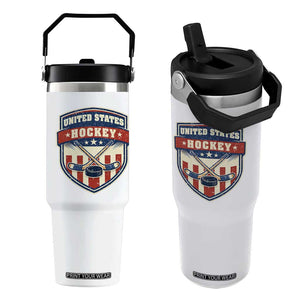 Hockey Crossed Sticks And Puck Retro USA Shield Flag Flip Straw Tumbler Red White Blue Striped Patriotic Sports Fan Pride Graphic TS02 One Size: 30 oz White Print Your Wear