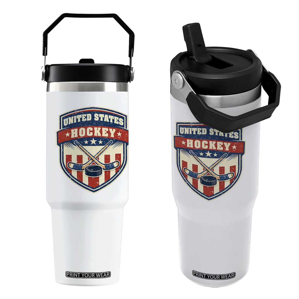 Hockey Crossed Sticks And Puck Retro USA Shield Flag Flip Straw Tumbler Red White Blue Striped Patriotic Sports Fan Pride Graphic TS02 One Size: 30 oz White Print Your Wear
