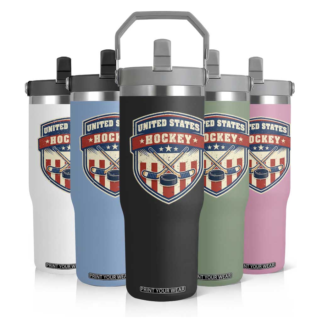 Hockey Crossed Sticks And Puck Retro USA Shield Flag Flip Straw Tumbler Red White Blue Striped Patriotic Sports Fan Pride Graphic TS02 Print Your Wear
