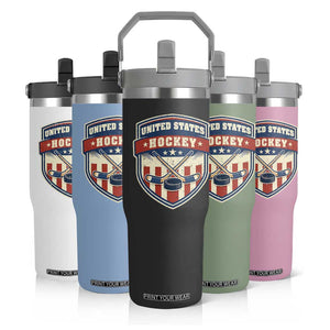 Hockey Crossed Sticks And Puck Retro USA Shield Flag Flip Straw Tumbler Red White Blue Striped Patriotic Sports Fan Pride Graphic TS02 Print Your Wear