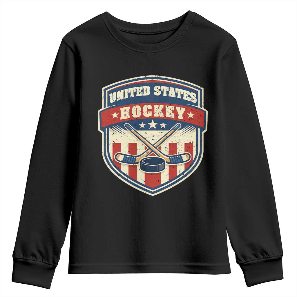 Hockey Crossed Sticks And Puck Retro USA Shield Flag Youth Sweatshirt Red White Blue Striped Patriotic Sports Fan Pride Graphic TS02 Black Print Your Wear