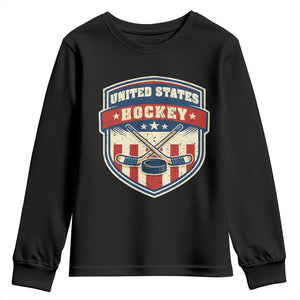 Hockey Crossed Sticks And Puck Retro USA Shield Flag Youth Sweatshirt Red White Blue Striped Patriotic Sports Fan Pride Graphic TS02 Black Print Your Wear
