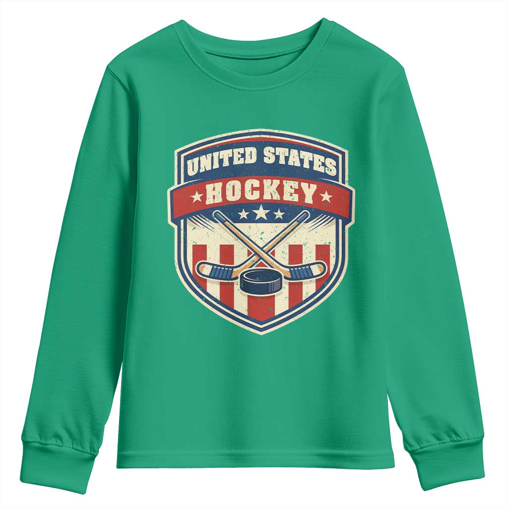 Hockey Crossed Sticks And Puck Retro USA Shield Flag Youth Sweatshirt Red White Blue Striped Patriotic Sports Fan Pride Graphic TS02 Irish Green Print Your Wear