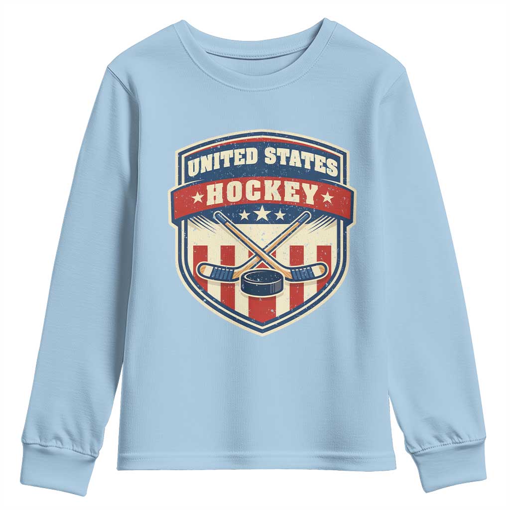 Hockey Crossed Sticks And Puck Retro USA Shield Flag Youth Sweatshirt Red White Blue Striped Patriotic Sports Fan Pride Graphic TS02 Light Blue Print Your Wear