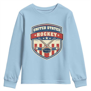 Hockey Crossed Sticks And Puck Retro USA Shield Flag Youth Sweatshirt Red White Blue Striped Patriotic Sports Fan Pride Graphic TS02 Light Blue Print Your Wear