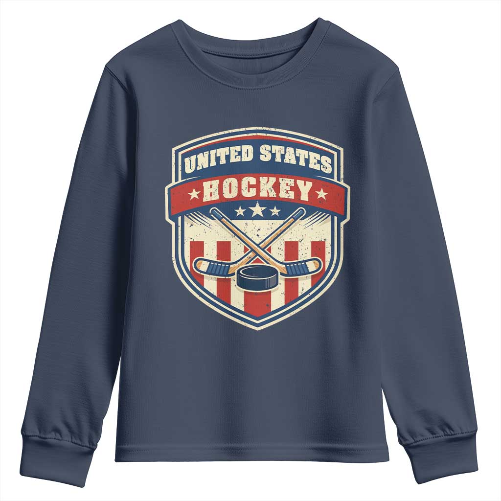 Hockey Crossed Sticks And Puck Retro USA Shield Flag Youth Sweatshirt Red White Blue Striped Patriotic Sports Fan Pride Graphic TS02 Navy Print Your Wear