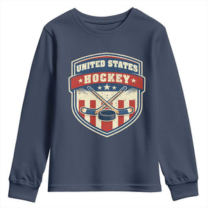 Hockey Crossed Sticks And Puck Retro USA Shield Flag Youth Sweatshirt Red White Blue Striped Patriotic Sports Fan Pride Graphic TS02 Navy Print Your Wear