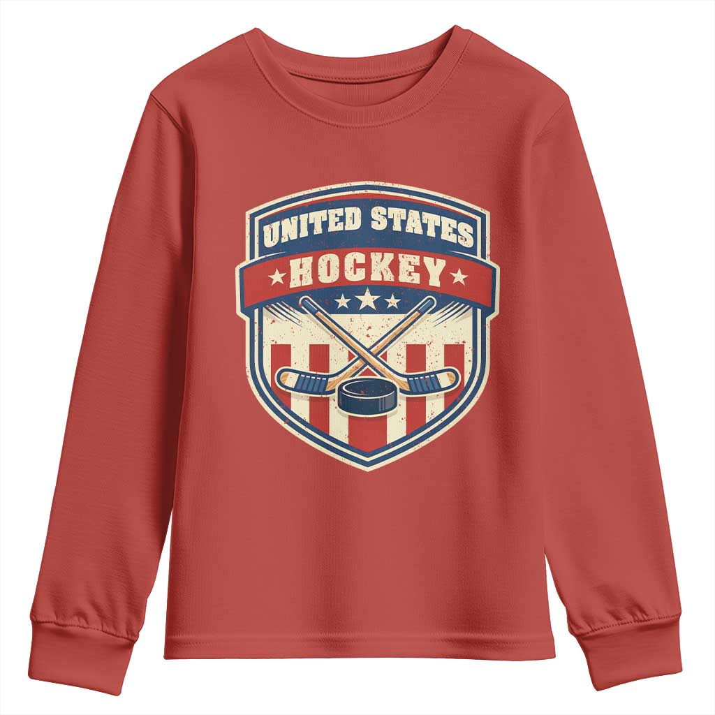 Hockey Crossed Sticks And Puck Retro USA Shield Flag Youth Sweatshirt Red White Blue Striped Patriotic Sports Fan Pride Graphic TS02 Red Print Your Wear