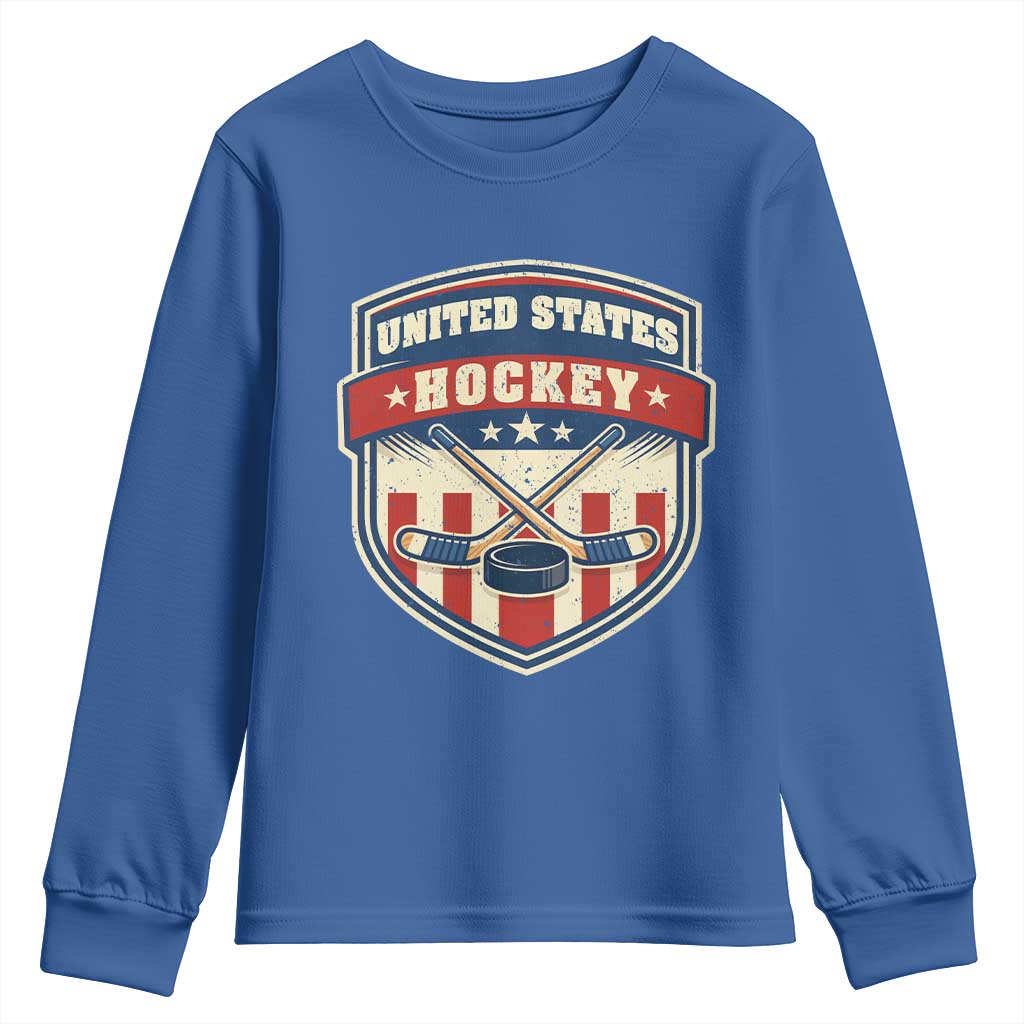 Hockey Crossed Sticks And Puck Retro USA Shield Flag Youth Sweatshirt Red White Blue Striped Patriotic Sports Fan Pride Graphic TS02 Royal Blue Print Your Wear