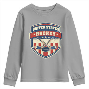 Hockey Crossed Sticks And Puck Retro USA Shield Flag Youth Sweatshirt Red White Blue Striped Patriotic Sports Fan Pride Graphic TS02 Sport Gray Print Your Wear
