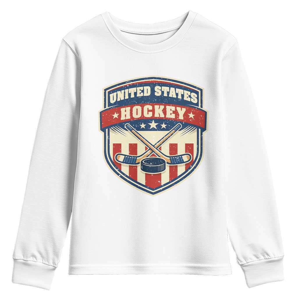 Hockey Crossed Sticks And Puck Retro USA Shield Flag Youth Sweatshirt Red White Blue Striped Patriotic Sports Fan Pride Graphic TS02 White Print Your Wear