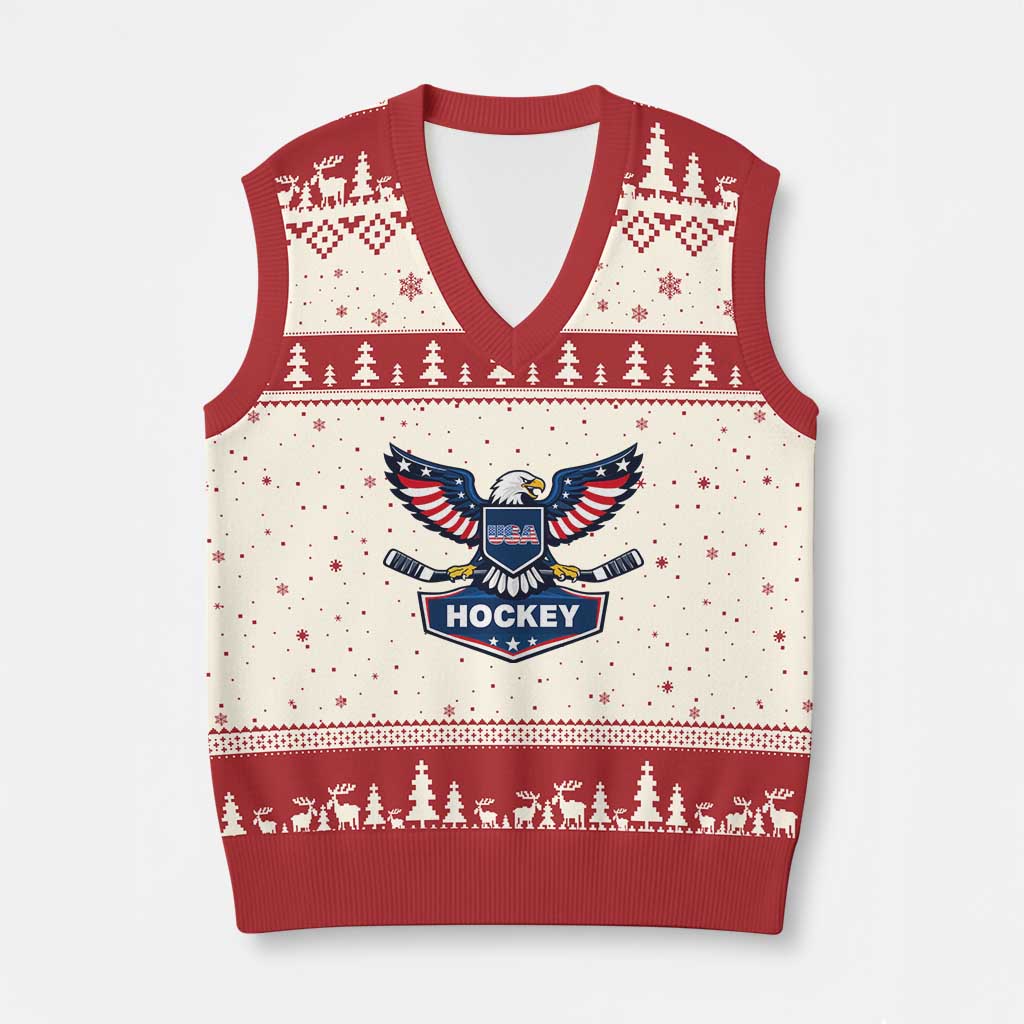 Screaming American Eagle Hockey Pride Graphic V-Neck Knit Sweater Vest Proud USA Ice Sticks Sports Fan TS02 Beige Red Print Your Wear