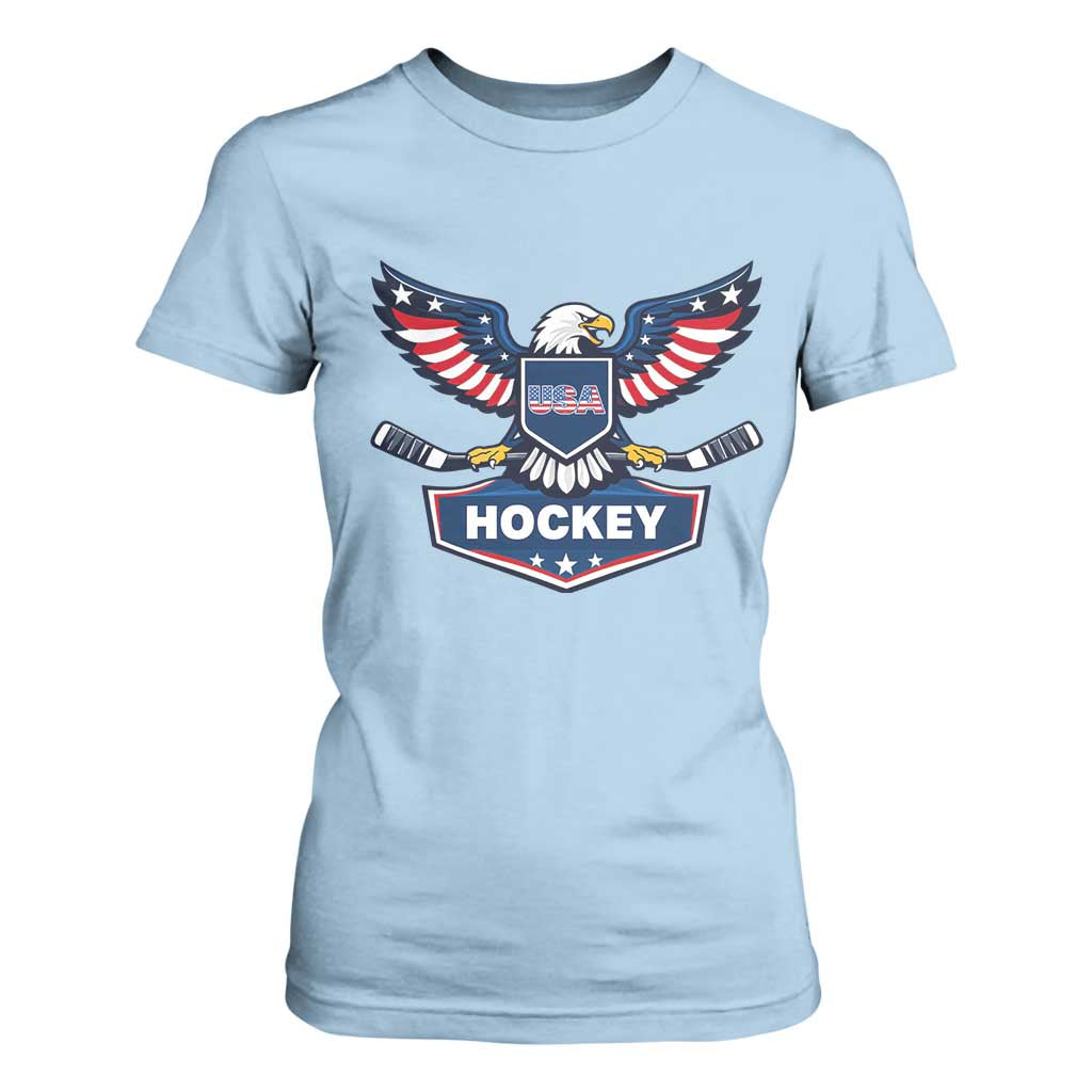 Screaming American Eagle Hockey Pride Graphic T Shirt For Women Proud USA Ice Sticks Sports Fan TS02 Light Blue Print Your Wear