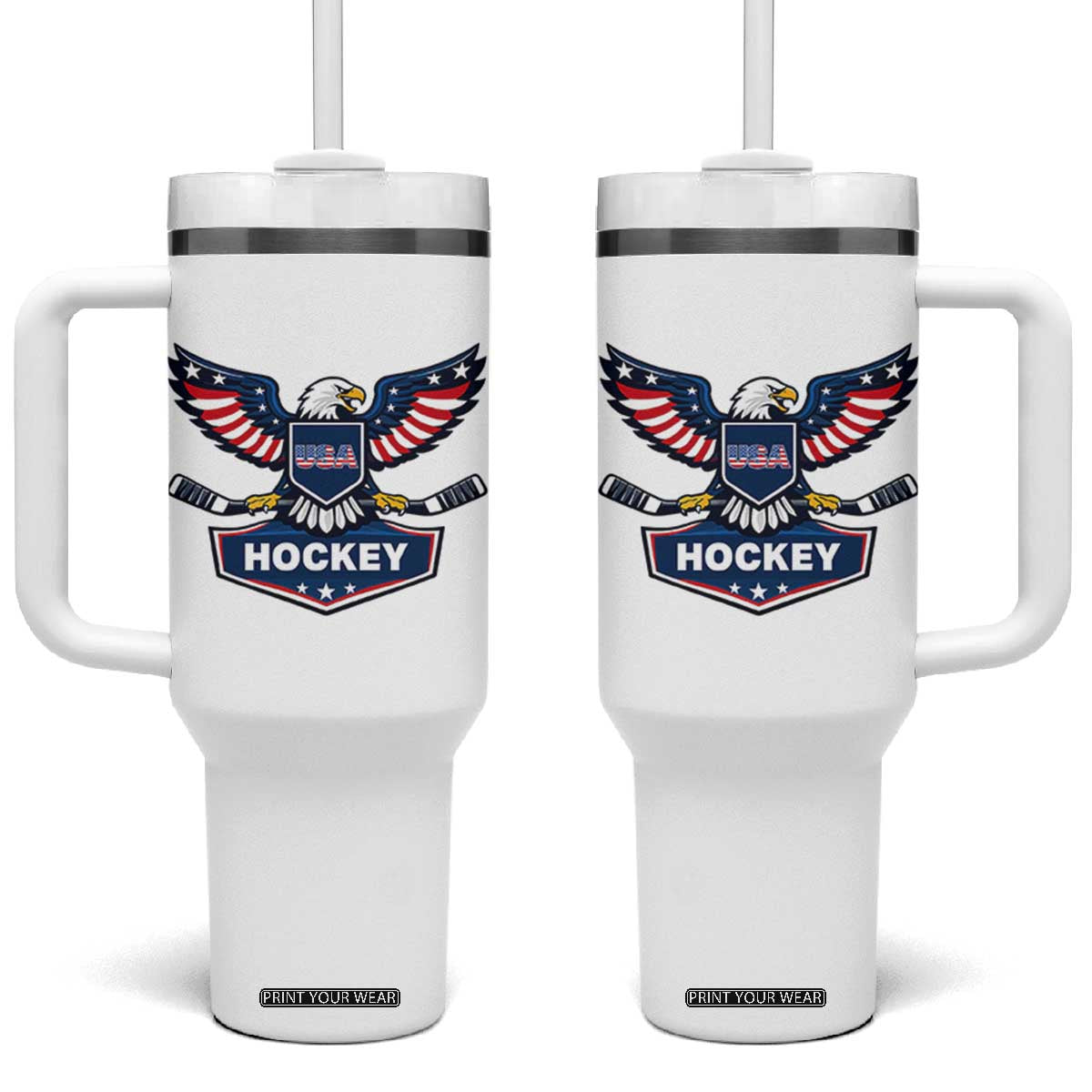 Screaming American Eagle Hockey Pride Graphic Tumbler With Handle Proud USA Ice Sticks Sports Fan TS02 One Size: 40 oz White Print Your Wear