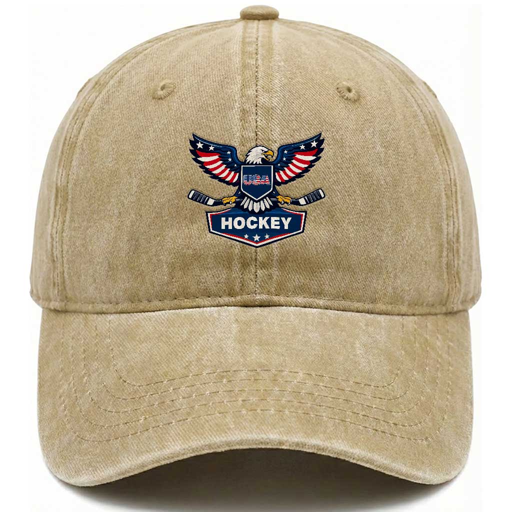 Screaming American Eagle Hockey Pride Graphic Washed Cotton Baseball Cap Proud USA Ice Sticks Sports Fan TS02 Print Your Wear