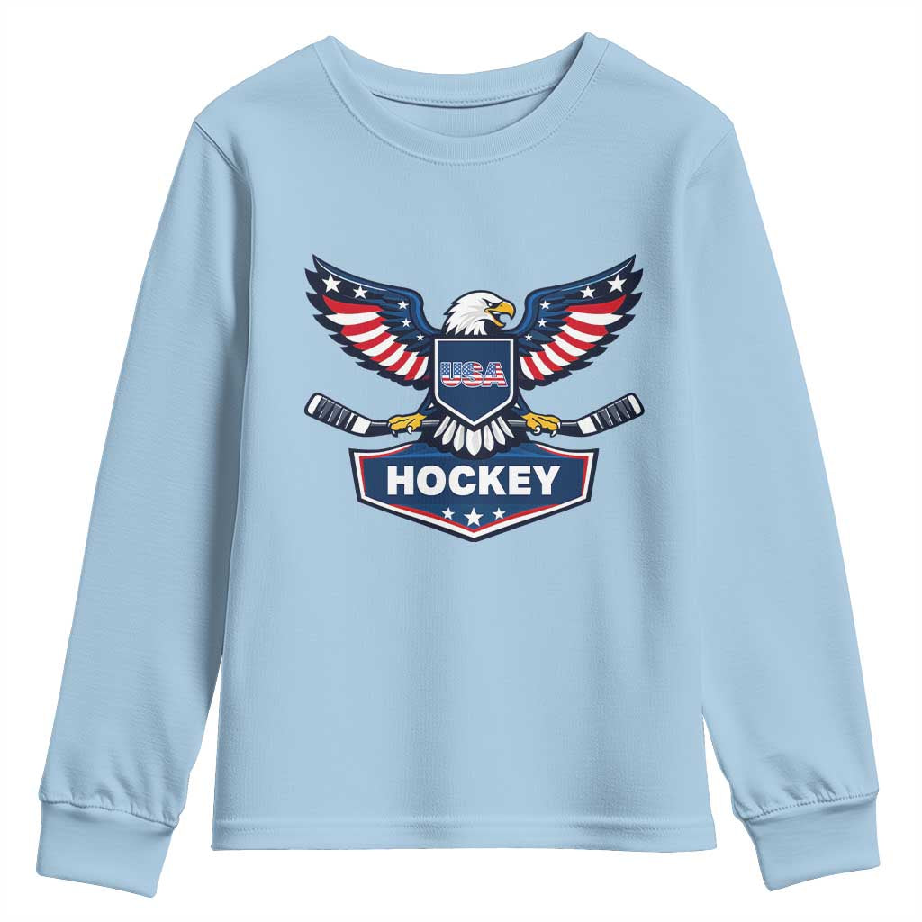 Screaming American Eagle Hockey Pride Graphic Youth Sweatshirt Proud USA Ice Sticks Sports Fan TS02 Light Blue Print Your Wear