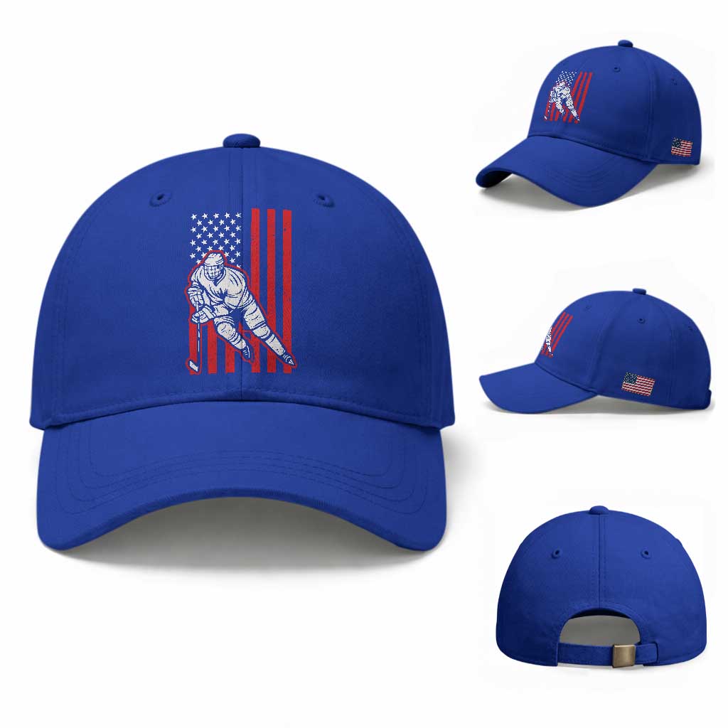 Patriotic American Flag Ice Hockey Player Baseball Cap Stars And Stripes Sports Graphic TS02 Baseball Cap Universal Fit Royal Blue Print Your Wear