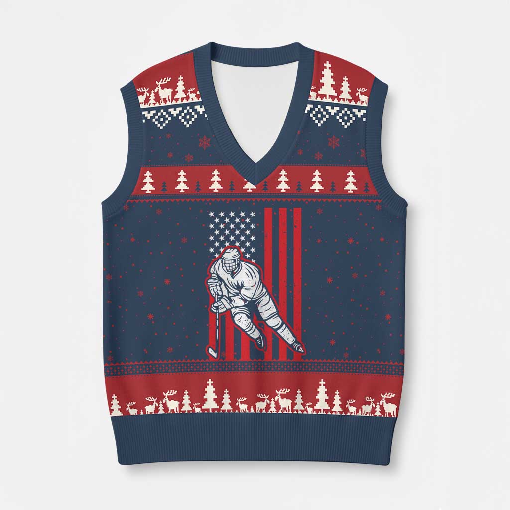 Patriotic American Flag Ice Hockey Player V-Neck Knit Sweater Vest Stars And Stripes Sports Graphic TS02 Navy Red Print Your Wear