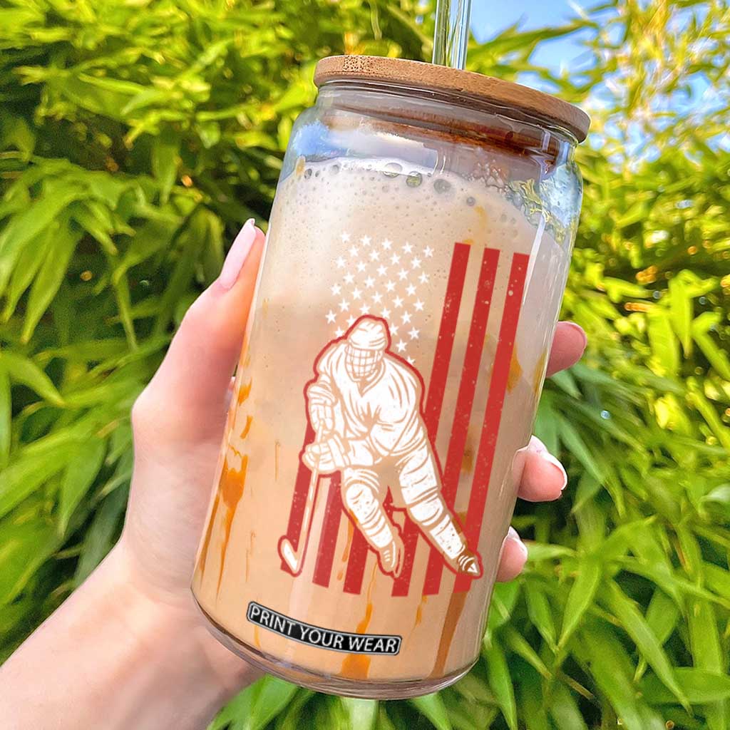 Patriotic American Flag Ice Hockey Player Glass Can Stars And Stripes Sports Graphic TS02 Black Print Your Wear