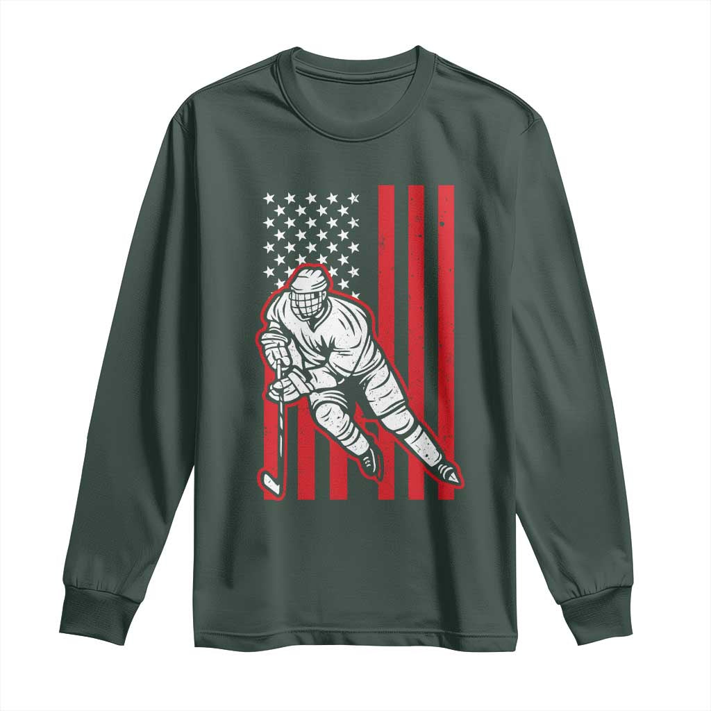 Patriotic American Flag Ice Hockey Player Long Sleeve Shirt Stars And Stripes Sports Graphic TS02 Dark Forest Green Print Your Wear